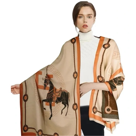 #14 Anthro Kerri Horse Poncho Scarf Orange & Cream O/S - Picture 3 of 17